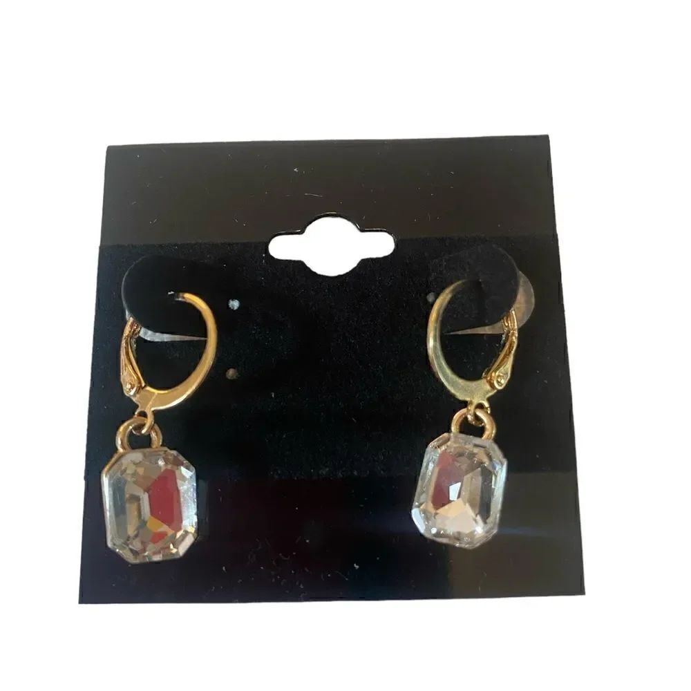 Gold Tone Mini Hoop Drop Pave Crystal Earrings.